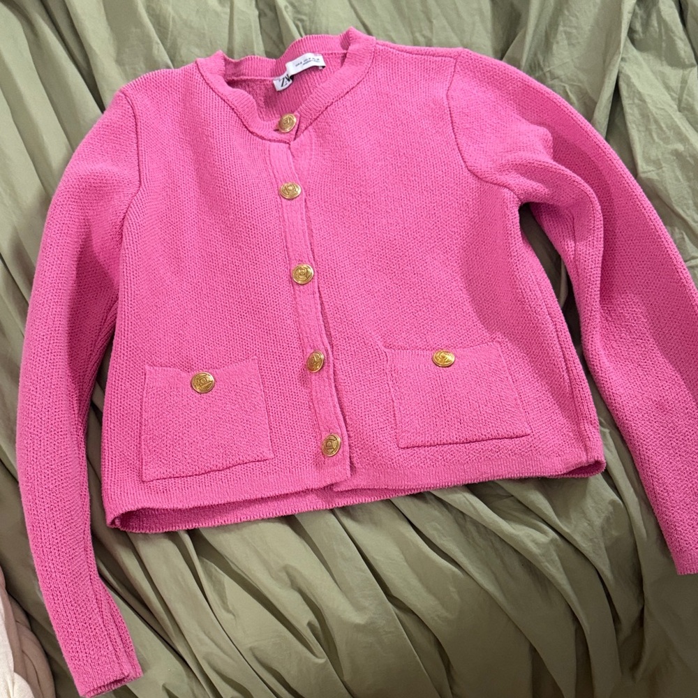 Zara Pink Heavy Knit Cardigan with Gold Buttons